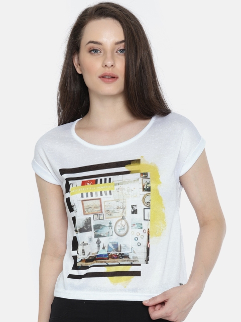 

ELLE Women White Printed Round Neck T-shirt