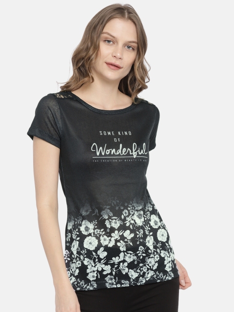 

ELLE Women Black & White Printed Round Neck T-shirt
