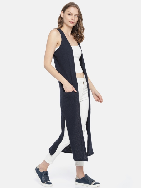 

ELLE Navy Solid Open Front Longline Shrug, Navy blue