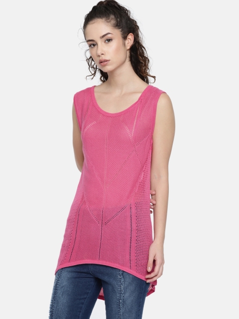 

Elle Women Pink Self Design Round Neck T-shirt