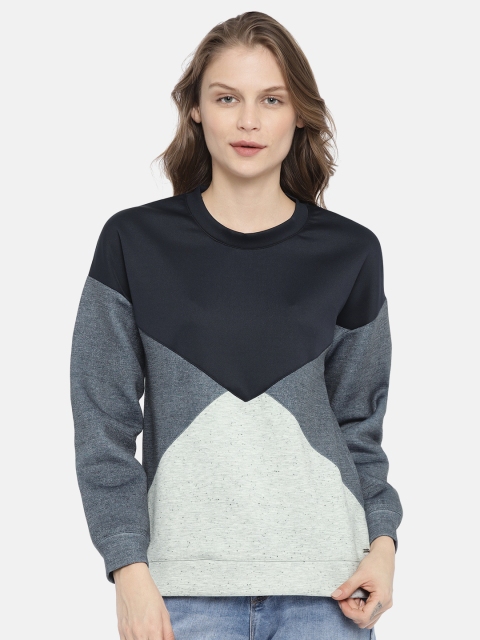 

ELLE Women Blue & Grey Melange Colourblocked Sweatshirt