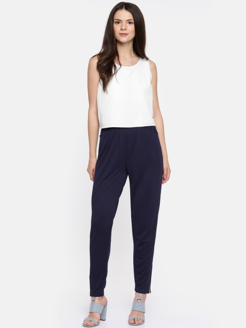 

ELLE Off-White & Navy Blue Colourblocked Basic Jumpsuit