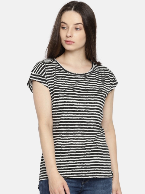 

ELLE Women Black & White Striped Round Neck T-shirt