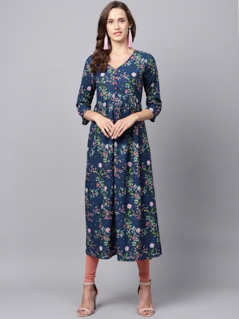 

Varanga Women Navy Blue & Green Printed A-Line Kurta