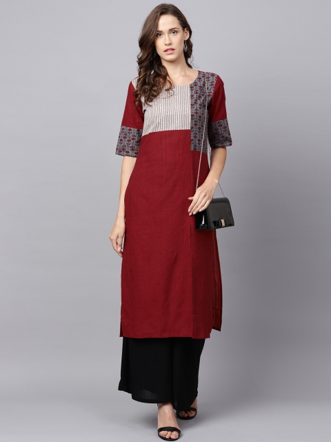 

Varanga Women Maroon & Grey Yoke Design Straight Kurta