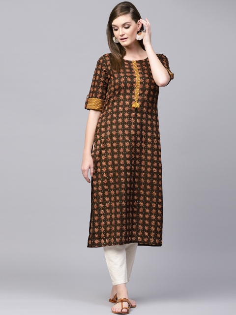 

Varanga Women Coffee Brown & Mustard Yellow Printed Straight Kurta