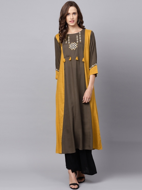 

Varanga Women Taupe & Mustard Brown Colourblocked A-Line Kurta