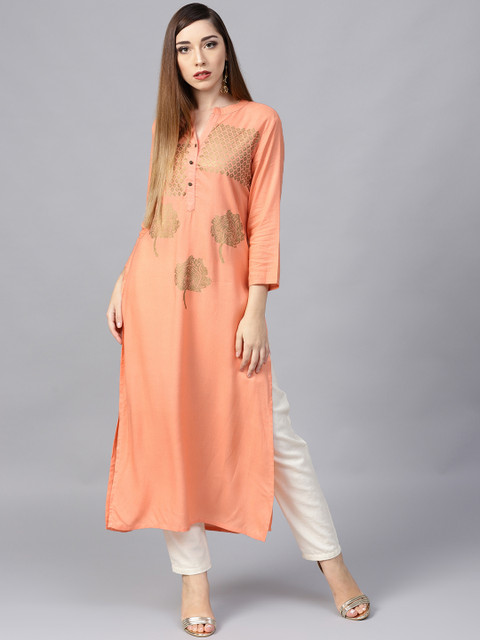 

Varanga Women Peach-Coloured & Golden Printed Straight Kurta