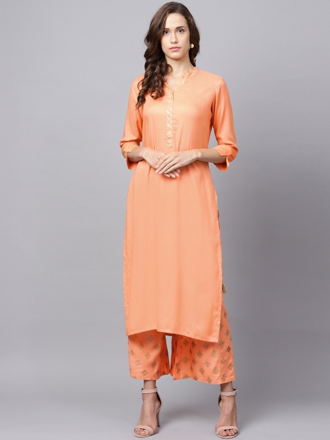 

Varanga Women Peach-Coloured Kurta with Foil Print Palazzos
