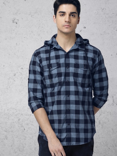 

Ecko Unltd Men Blue Slim Fit Checked Casual Shirt With Detachable Hood