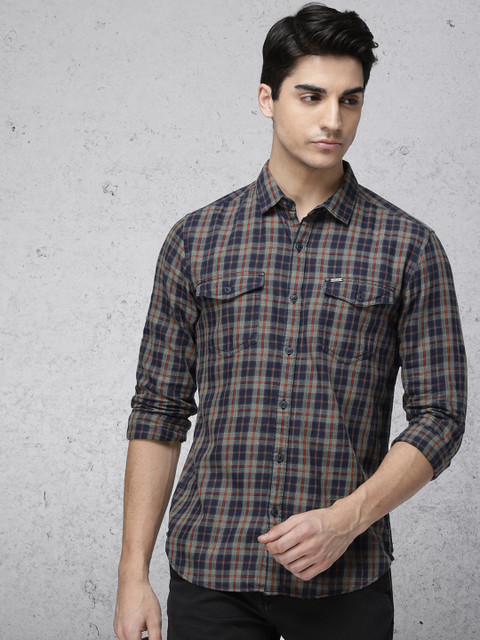 

Ecko Unltd Men Navy Blue & Grey Slim Fit Checked Casual Shirt