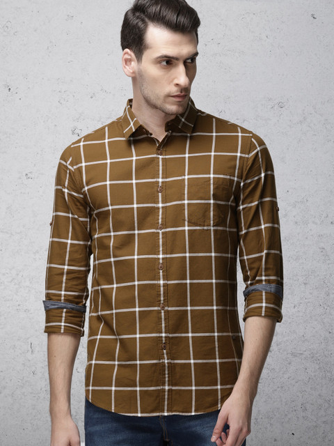

Ecko Unltd Men Mustard Brown & White Slim Fit Checked Casual Shirt