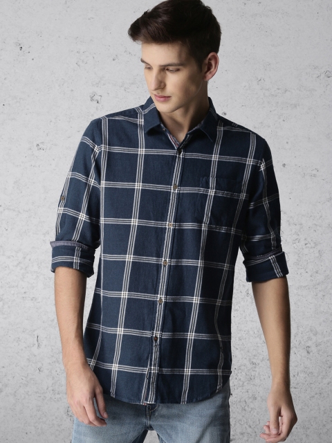 

Ecko Unltd Men Navy & White Slim Fit Checked Casual Shirt, Navy blue