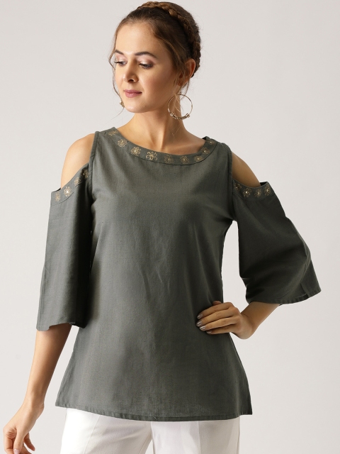 

IMARA Women Charcoal Grey Solid A-Line Pure Cotton Top