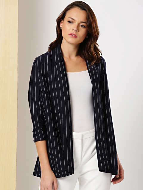 

her by invictus Women Navy Blue Striped Open Front Jacket