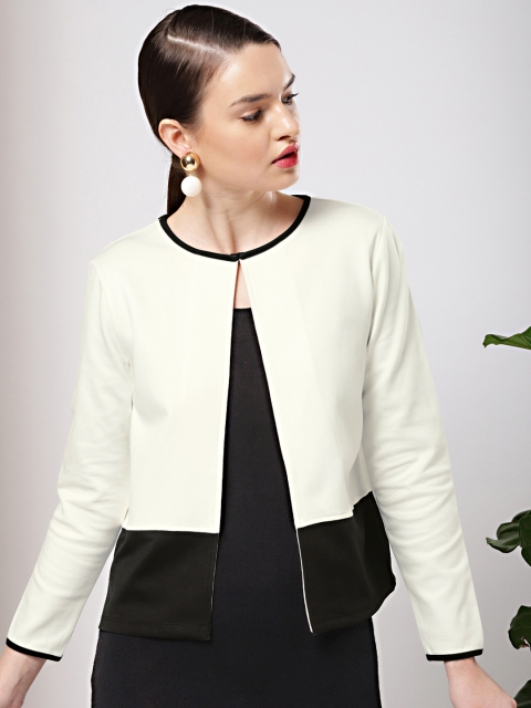 

her by invictus Women Off-White & Black Colourblocked Open Front Jacket