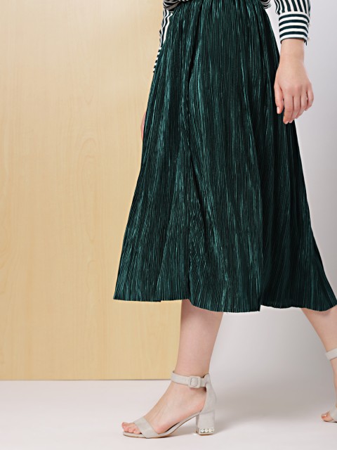 

her by invictus Women Green Solid Accordion A-Line Midi Flared Skirt