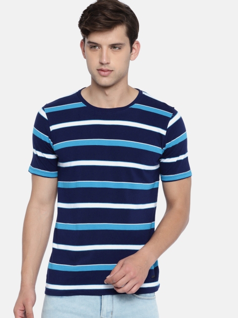 

Lee Cooper Men Blue Striped Round Neck Pure Cotton T-shirt