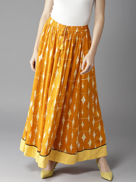 

HERE&NOW Women Mustard Yellow Printed Maxi Flared Skirt