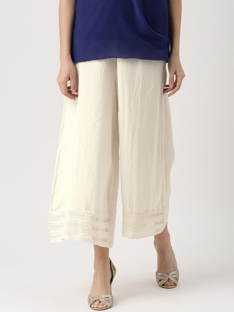 

IMARA Women Cream-Coloured Wide Leg Hem Design Cropped Palazzos