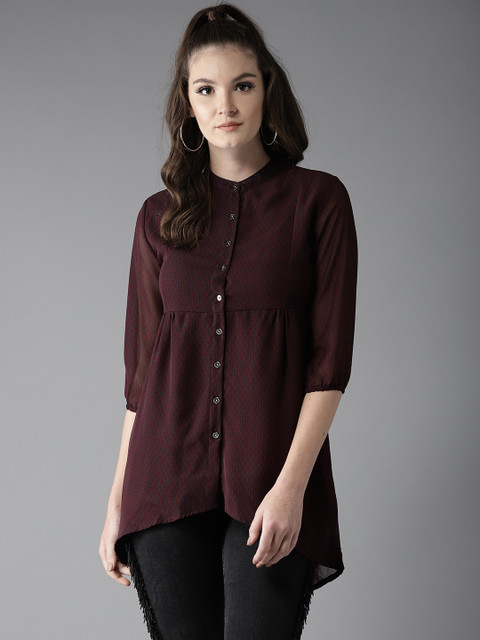 

HERE&NOW Women Burgundy & Navy Blue Printed High-Low Shirt