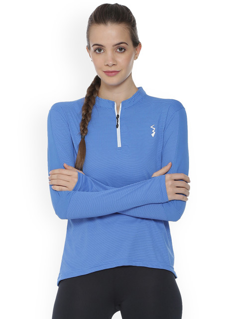 

Campus Sutra Women Blue Striped High Neck T-shirt