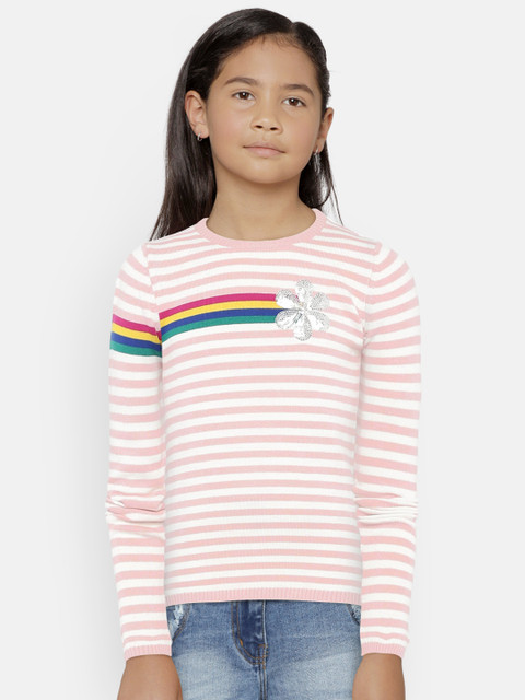 

United Colors of Benetton Girls Pink & White Striped Pullover