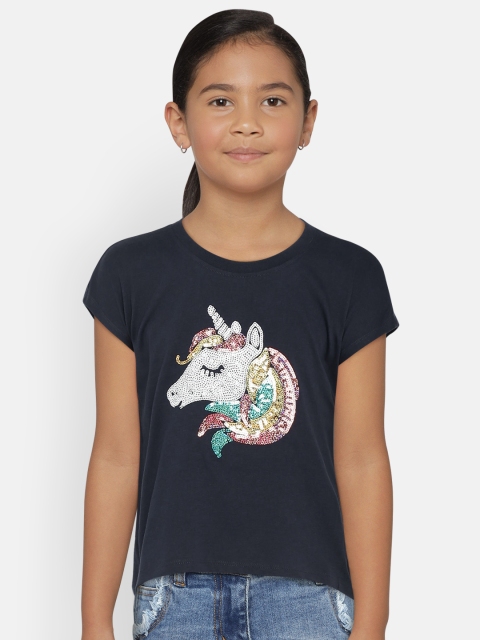 

United Colors of Benetton Girls Navy Blue Unicorn Printed Top