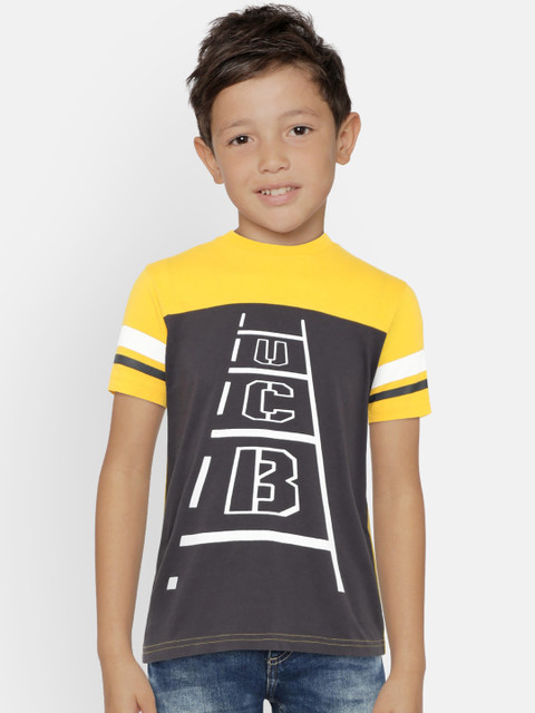 

United Colors of Benetton Boys Charcoal Grey & Yellow Printed Round Neck T-shirt