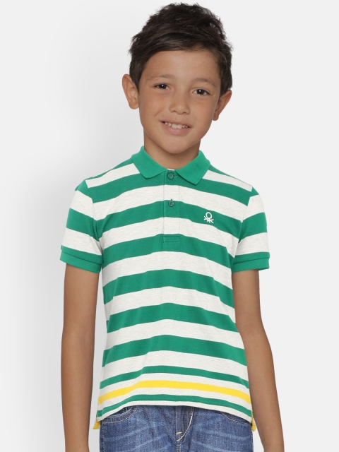 

United Colors of Benetton Boys Green & Grey Melange Striped Polo T-shirt