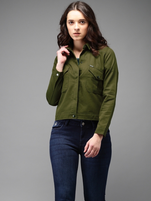 

Flying Machine Women Olive Green Solid Denim Jacket