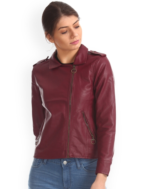 

Flying Machine Women Maroon Solid Biker Jacket