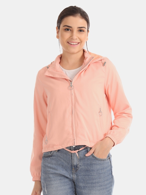 

Flying Machine Women Peach-Coloured Solid Hooded Sweatshirt