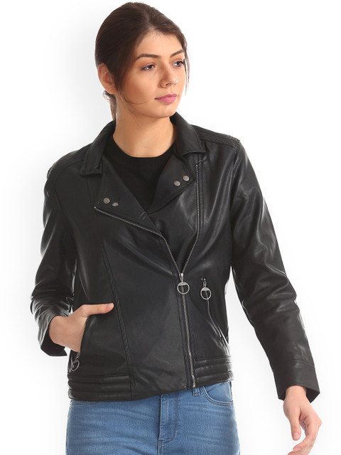

Flying Machine Women Black Solid Biker Jacket