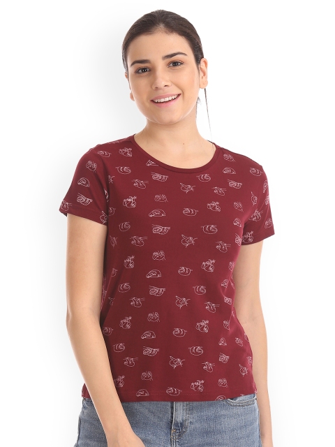 

Flying Machine Women Maroon Printed Round Neck Pure Cotton T-shirt