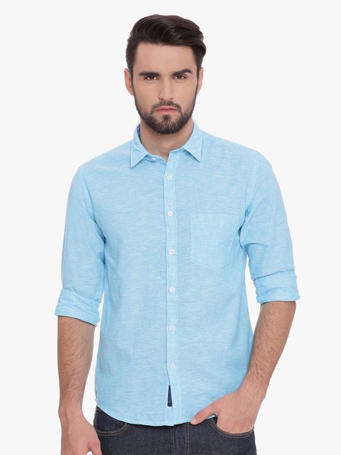 

Linen Club CAVALLO Men Turquoise Blue Slim Fit Self Design Linen Casual Shirt