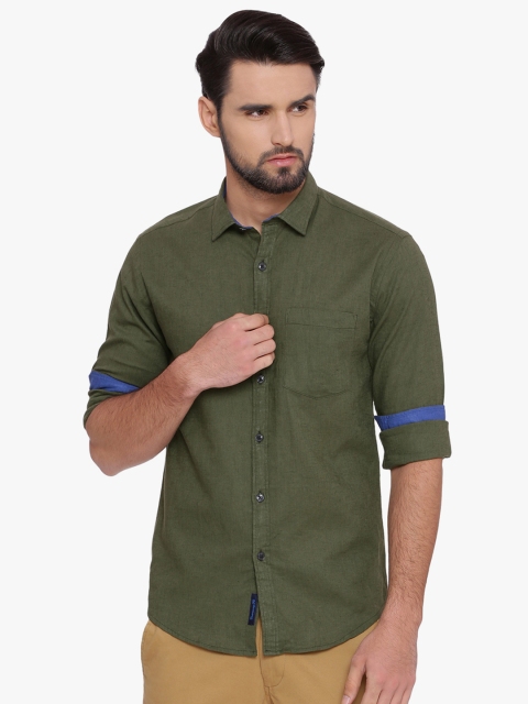 

Linen Club CAVALLO Men Olive Green Slim Fit Solid Linen Casual Shirt