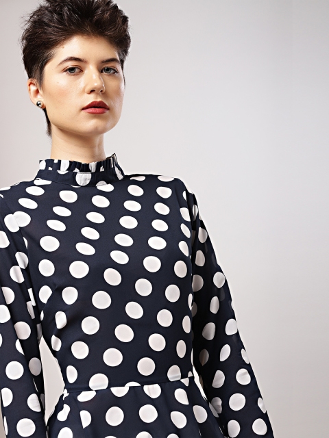 

her by invictus Women Navy Blue & White Semi Sheer Printed Peplum Top
