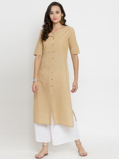 

Varanga Tan Solid Straight Kurta With White Khadi Palazzo, Beige