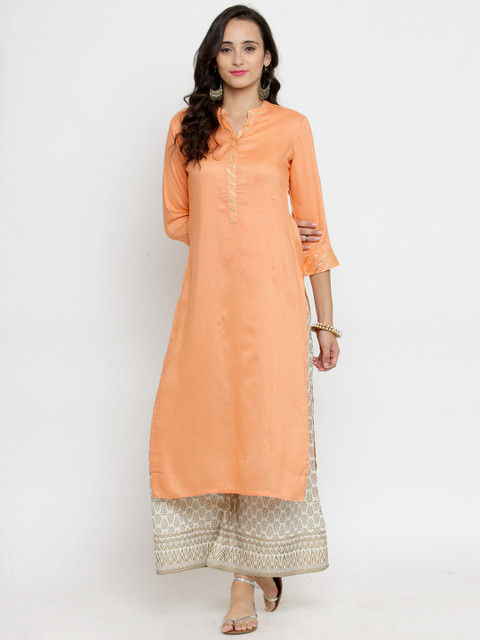 

Varanga Women Peach-Coloured & White Solid Kurta with Printed Palazzos