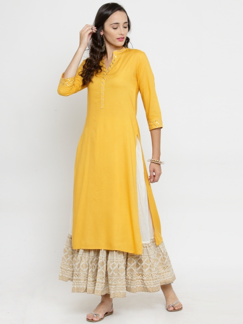 

Varanga Women Yellow & Off-White Solid Kurta with Skirt
