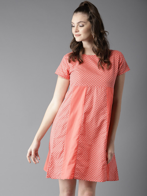 

HERE&NOW Women Coral Pink & White Printed A-line Dress