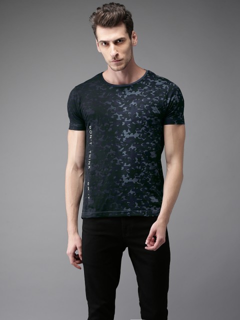 

Flying Machine Men Navy & Black Camouflage Printed Round Neck T-shirt, Navy blue