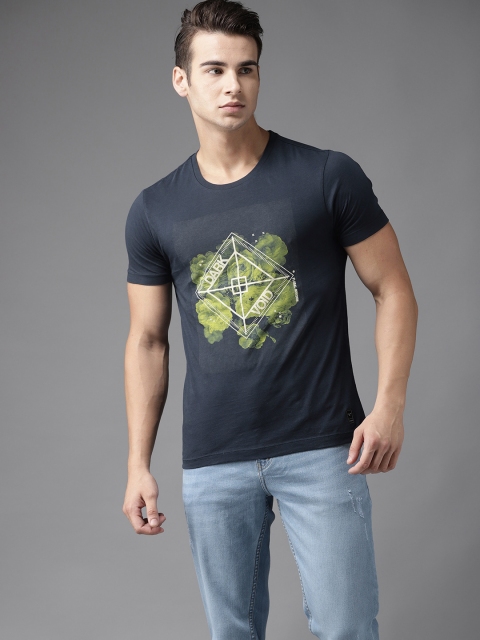 

Flying Machine Men Navy Blue Printed Round Neck T-shirt