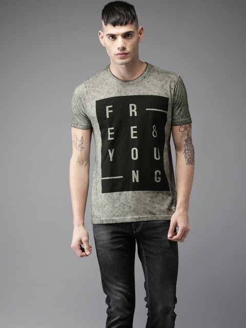 

Flying Machine Men Grey & Black Printed Round Neck T-shirt