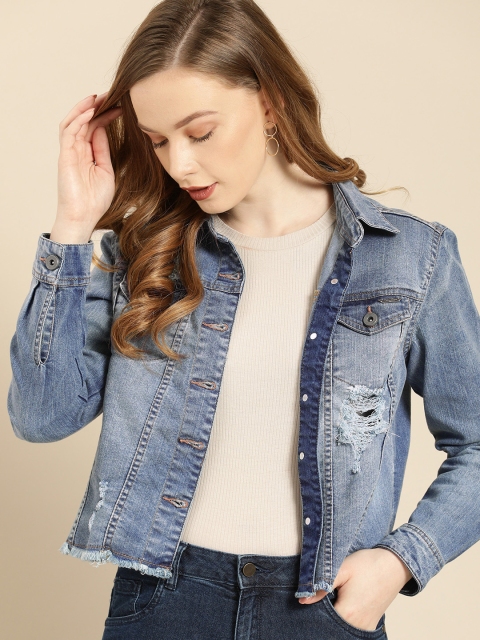 

Ms.Taken Women Blue Solid Distressed Denim Jacket