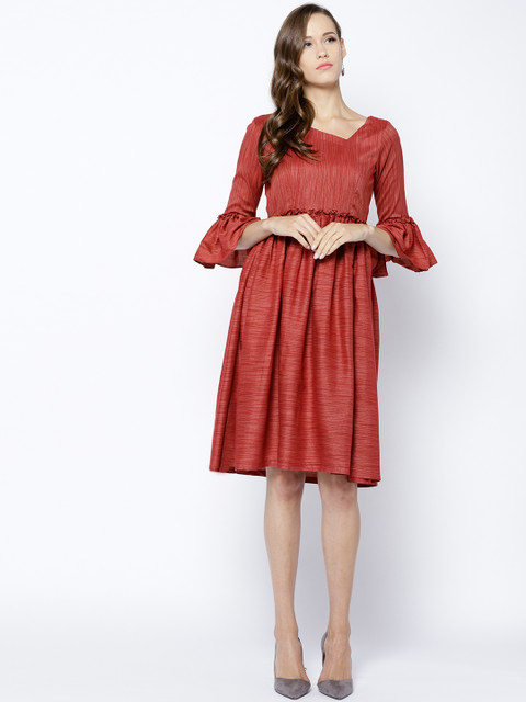 

Inddus Women Rust Brown Solid Fit and Flare Dress