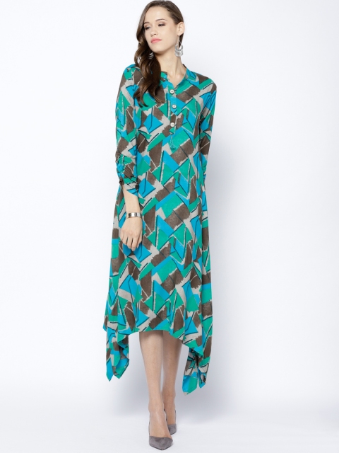 

Inddus Women Green & Olive Brown Printed Midi A-Line Dress