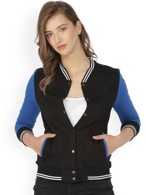 

Campus Sutra Women Black & Blue Colourblocked Varsity Jacket