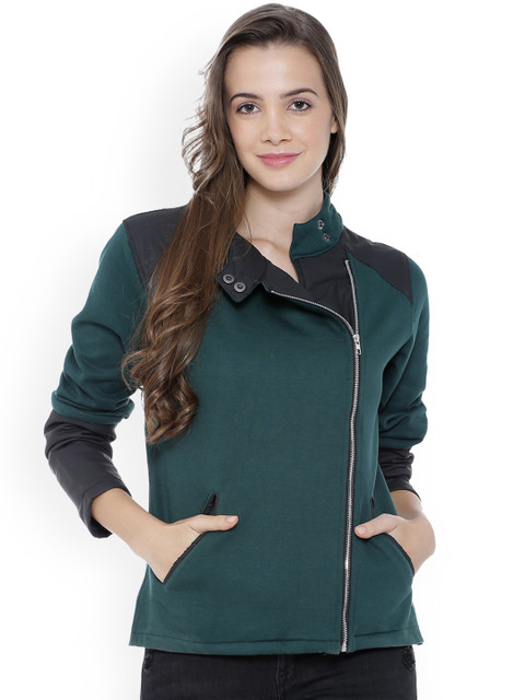 

Campus Sutra Women Olive Green Solid Biker Jacket